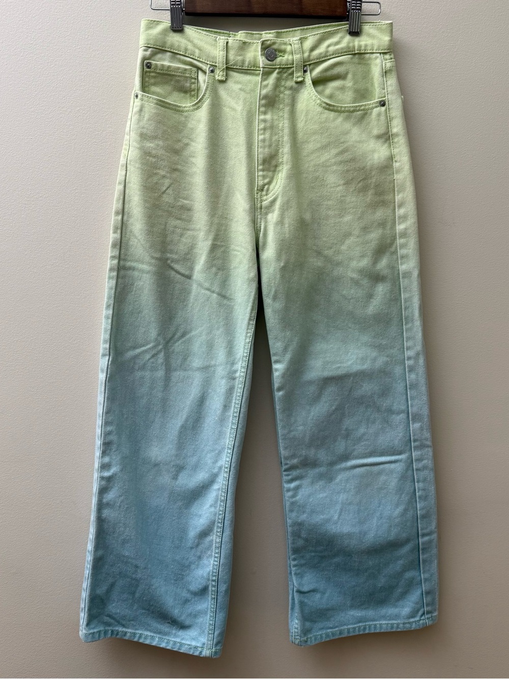 BDG Two-Tone Wide-Leg Jeans in Light Green and Teal Fade